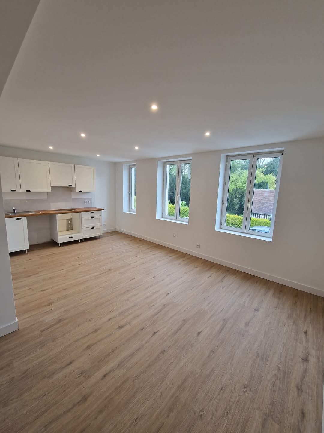 Pièce rénovée avec parquet stratifié clair, murs blancs et cuisine équipée