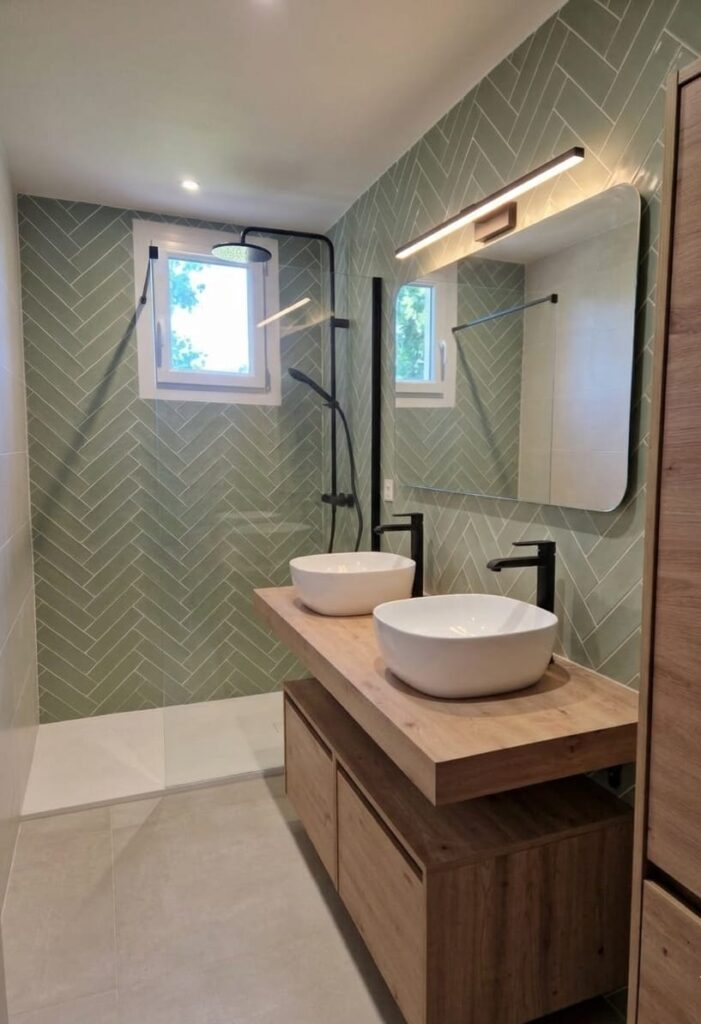 Salle de bain moderne avec douche italienne et meuble bois double vasque